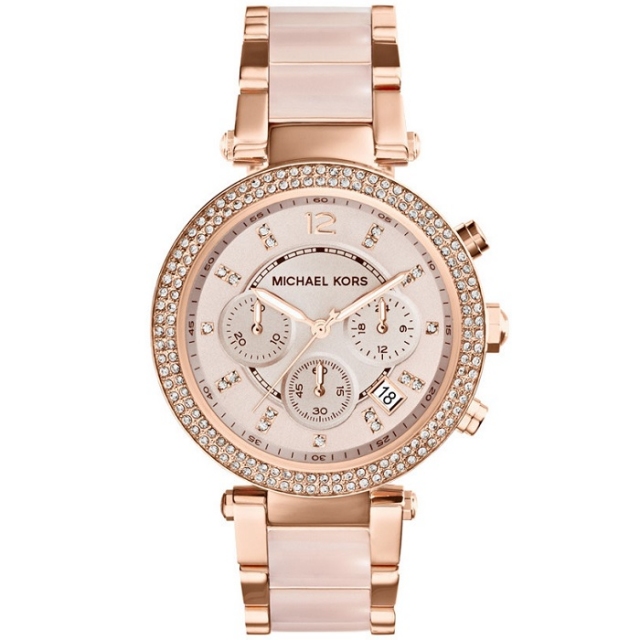 MICHAEL KORS ženske ure MK5896 Parker – rožnato zlata kronograf ura s kristali