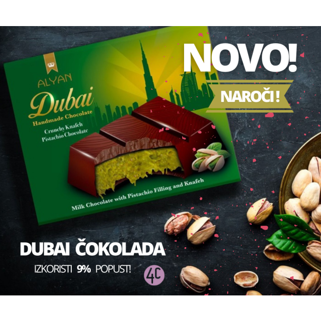 DUBAJSKA ČOKOLADA-ročno izdelana, pistacija, 3 ČOKOLADE x100g + BREZPLAČNA DOSTAVA