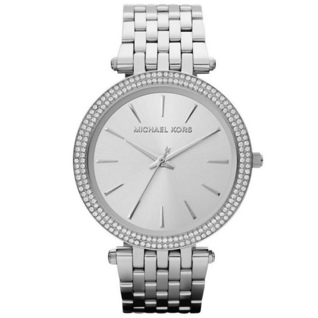 michael kors ura, srebrna ura, kovinski pasek, elegantna ura, mk3190